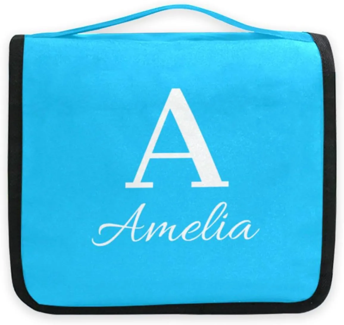 Sinestour Sky Blue Custom Name Hanging Toiletry Bag Personalized Makeup Cosmetic Bag Large Capacity Travel Toiletry Organizer Cosmetic Case for Shaving Toiletries Brush Storage