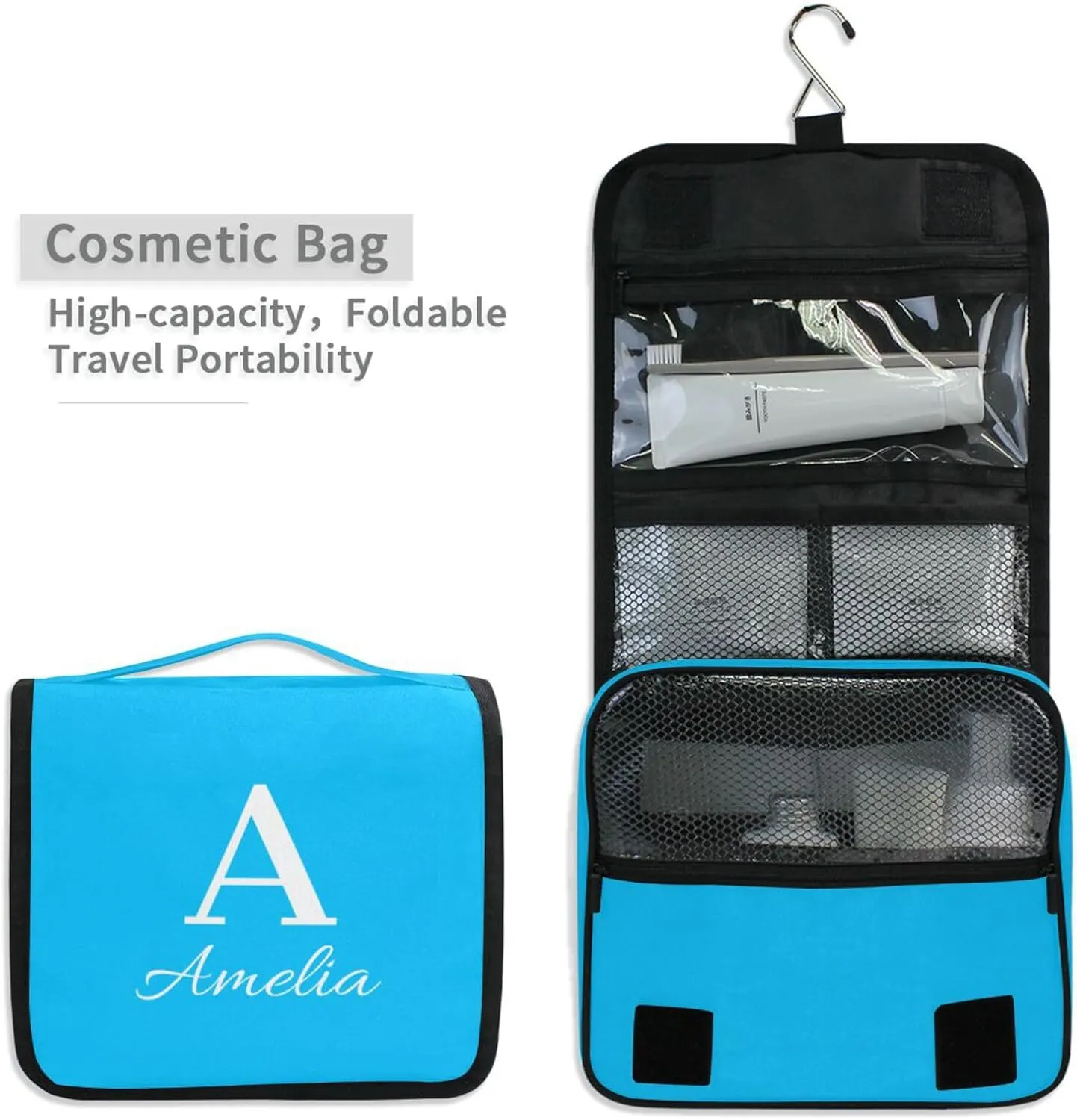 Sinestour Sky Blue Custom Name Hanging Toiletry Bag Personalized Makeup Cosmetic Bag Large Capacity Travel Toiletry Organizer Cosmetic Case for Shaving Toiletries Brush Storage