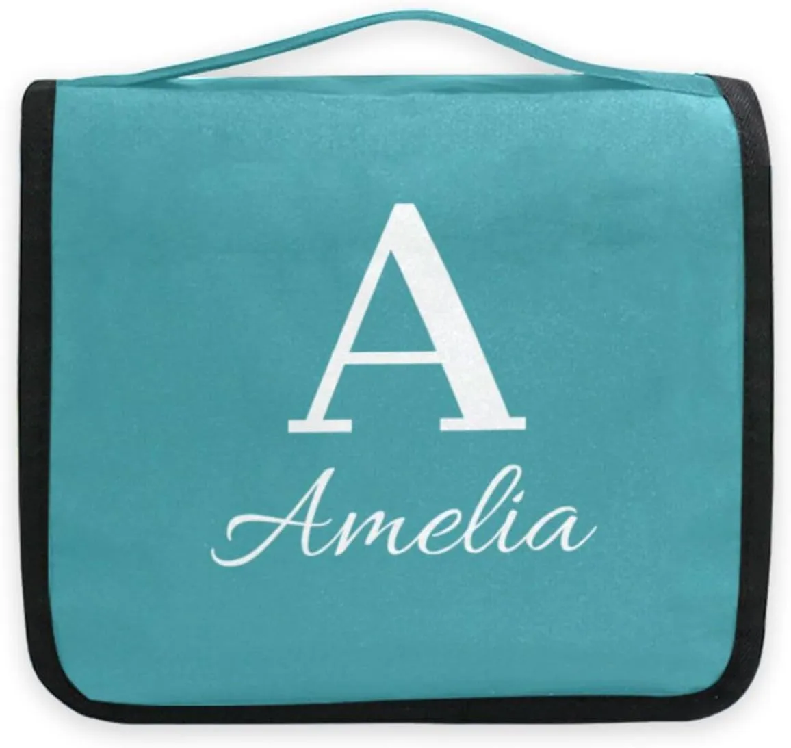 Sinestour Teal Blue Custom Name Hanging Toiletry Bag Personalized Makeup Cosmetic Bag Travel Toiletry Organizer Large Capacity Cosmetic Case for Shaving Toiletries Brush Storage