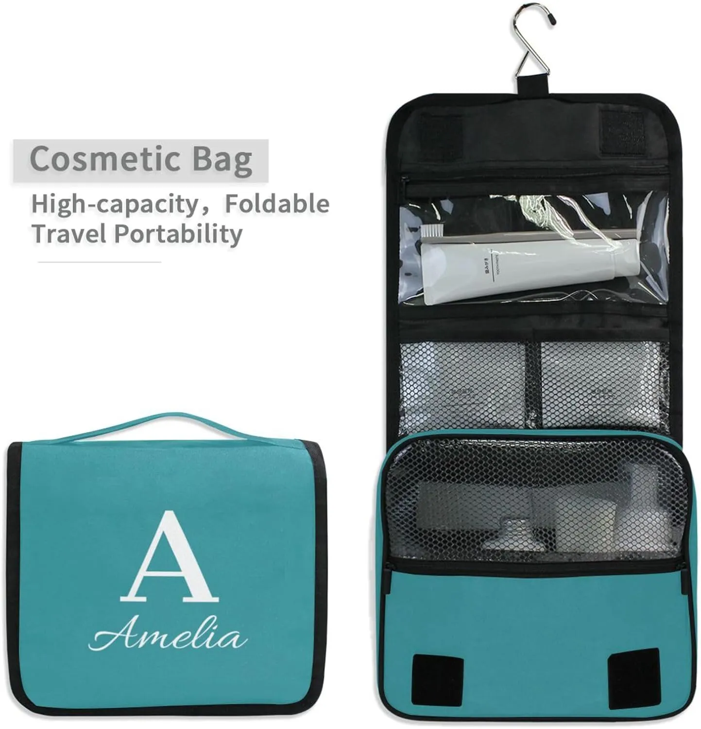 Sinestour Teal Blue Custom Name Hanging Toiletry Bag Personalized Makeup Cosmetic Bag Travel Toiletry Organizer Large Capacity Cosmetic Case for Shaving Toiletries Brush Storage
