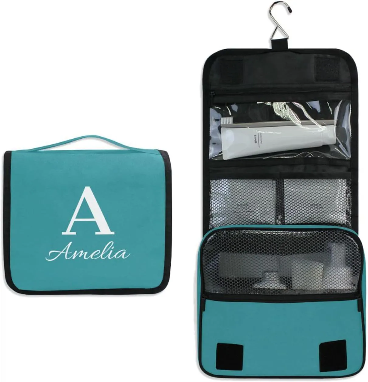 Sinestour Teal Blue Custom Name Hanging Toiletry Bag Personalized Makeup Cosmetic Bag Travel Toiletry Organizer Large Capacity Cosmetic Case for Shaving Toiletries Brush Storage