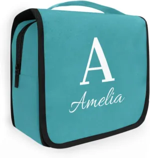 Sinestour Teal Blue Custom Name Hanging Toiletry Bag Personalized Makeup Cosmetic Bag Travel Toiletry Organizer Large Capacity Cosmetic Case for Shaving Toiletries Brush Storage