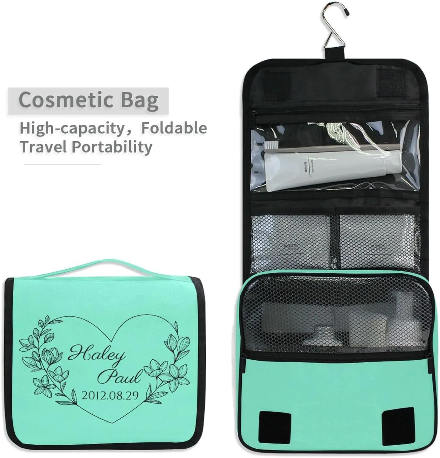 Sinestour Teal Custom Toiletry Bag Personalized Name Makeup Cosmetic Bag Travel Toiletry Organizer Large Capacity Cosmetic Case for Shaving Toiletries Brush Storage