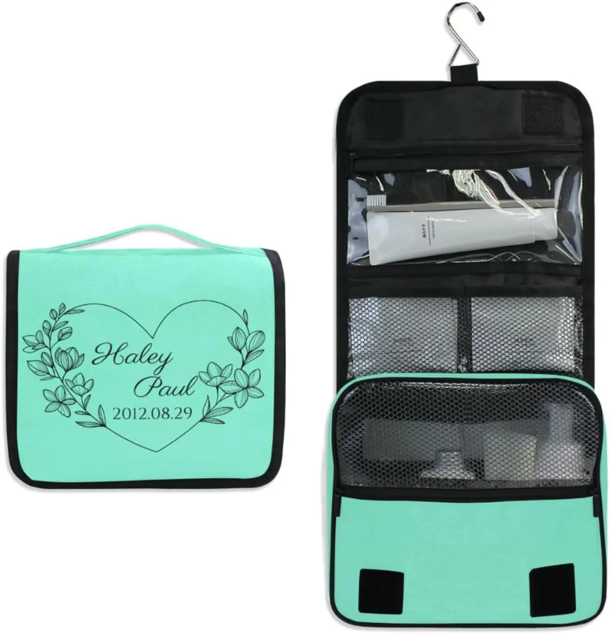 Sinestour Teal Custom Toiletry Bag Personalized Name Makeup Cosmetic Bag Travel Toiletry Organizer Large Capacity Cosmetic Case for Shaving Toiletries Brush Storage