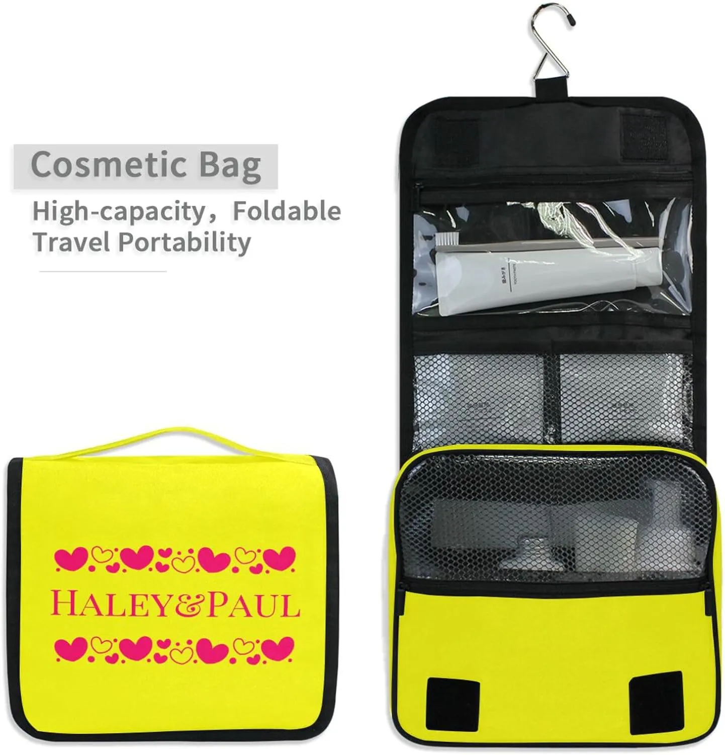 Sinestour Yellow Hearts Custom Hanging Toiletry Bag Personalized Name Large Capacity Cosmetic Case Bag Travel Toiletry Organizer for Travel Toiletries Storage