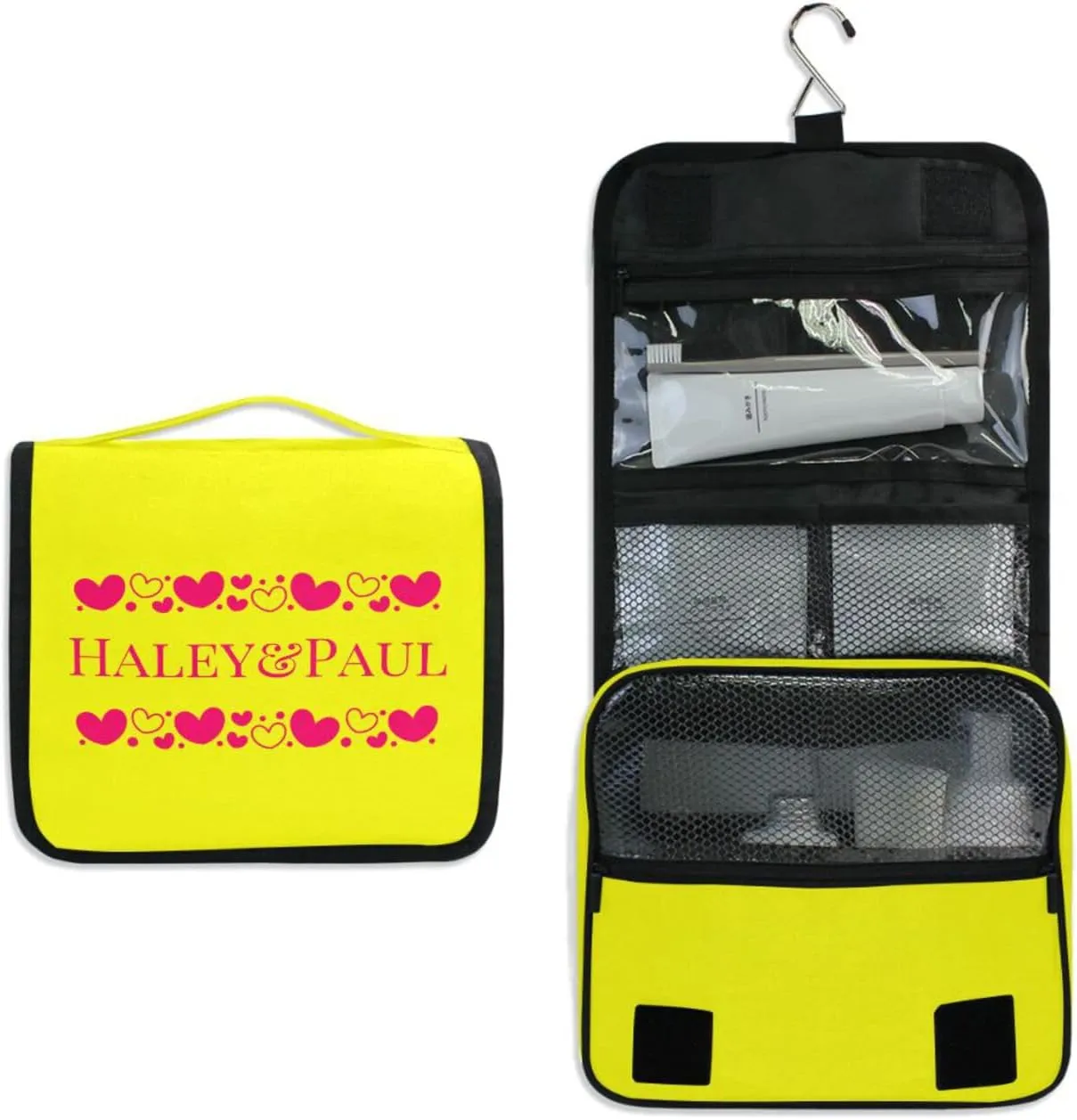 Sinestour Yellow Hearts Custom Hanging Toiletry Bag Personalized Name Large Capacity Cosmetic Case Bag Travel Toiletry Organizer for Travel Toiletries Storage