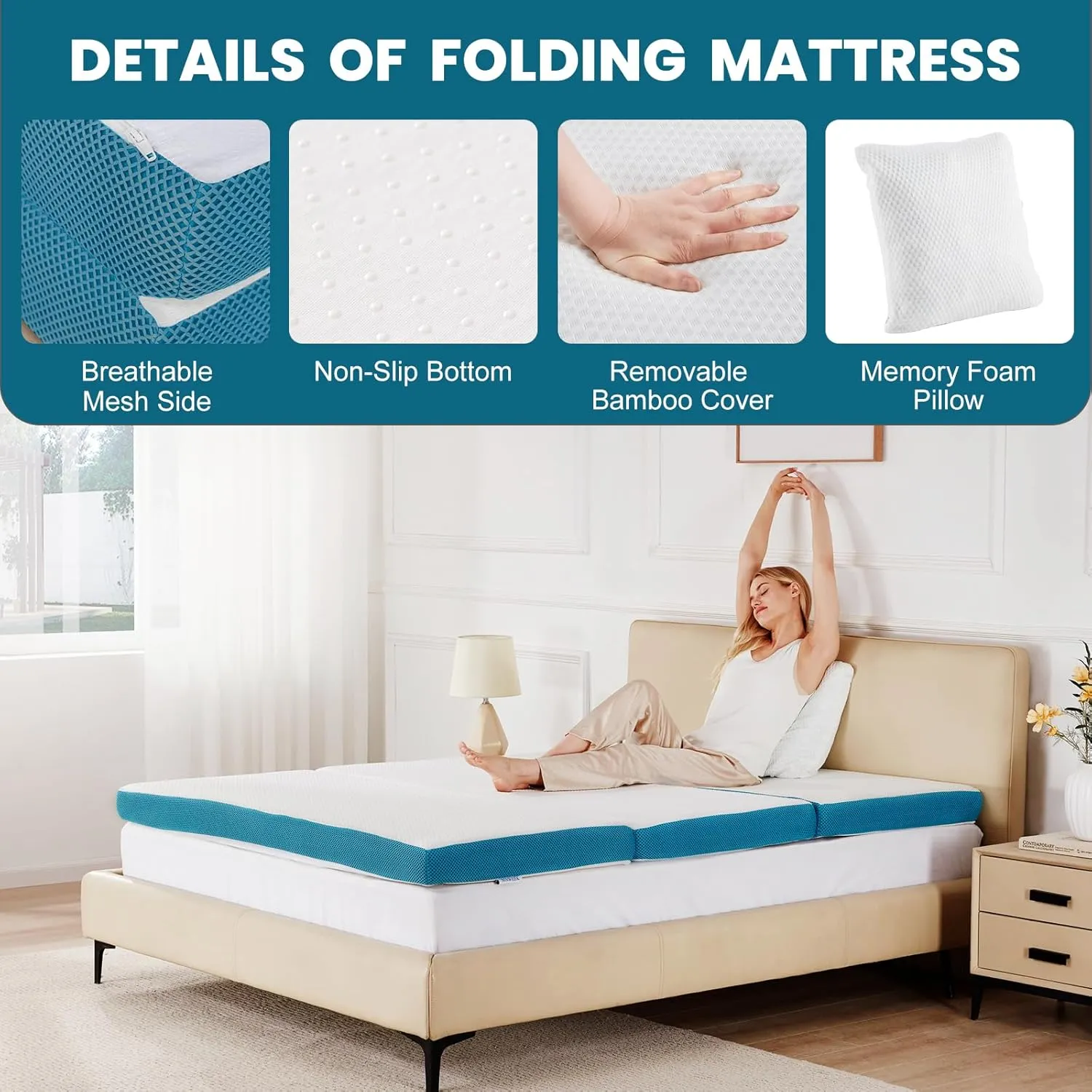 SINWEEK 4 Inch Folding Mattress Full Size with a Pillow Tri Folding Memory Foam Foldable Portable Floor Guest Bed for Camping and Sleeping with Storage Bag