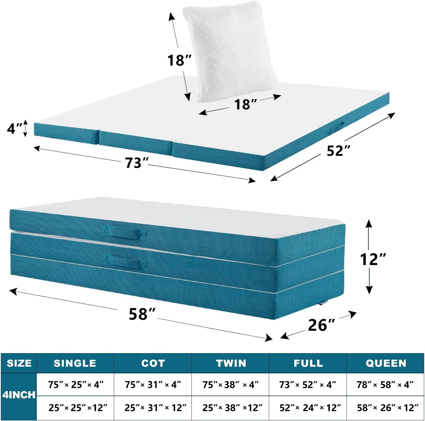 SINWEEK 4 Inch Folding Mattress Full Size with a Pillow Tri Folding Memory Foam Foldable Portable Floor Guest Bed for Camping and Sleeping with Storage Bag