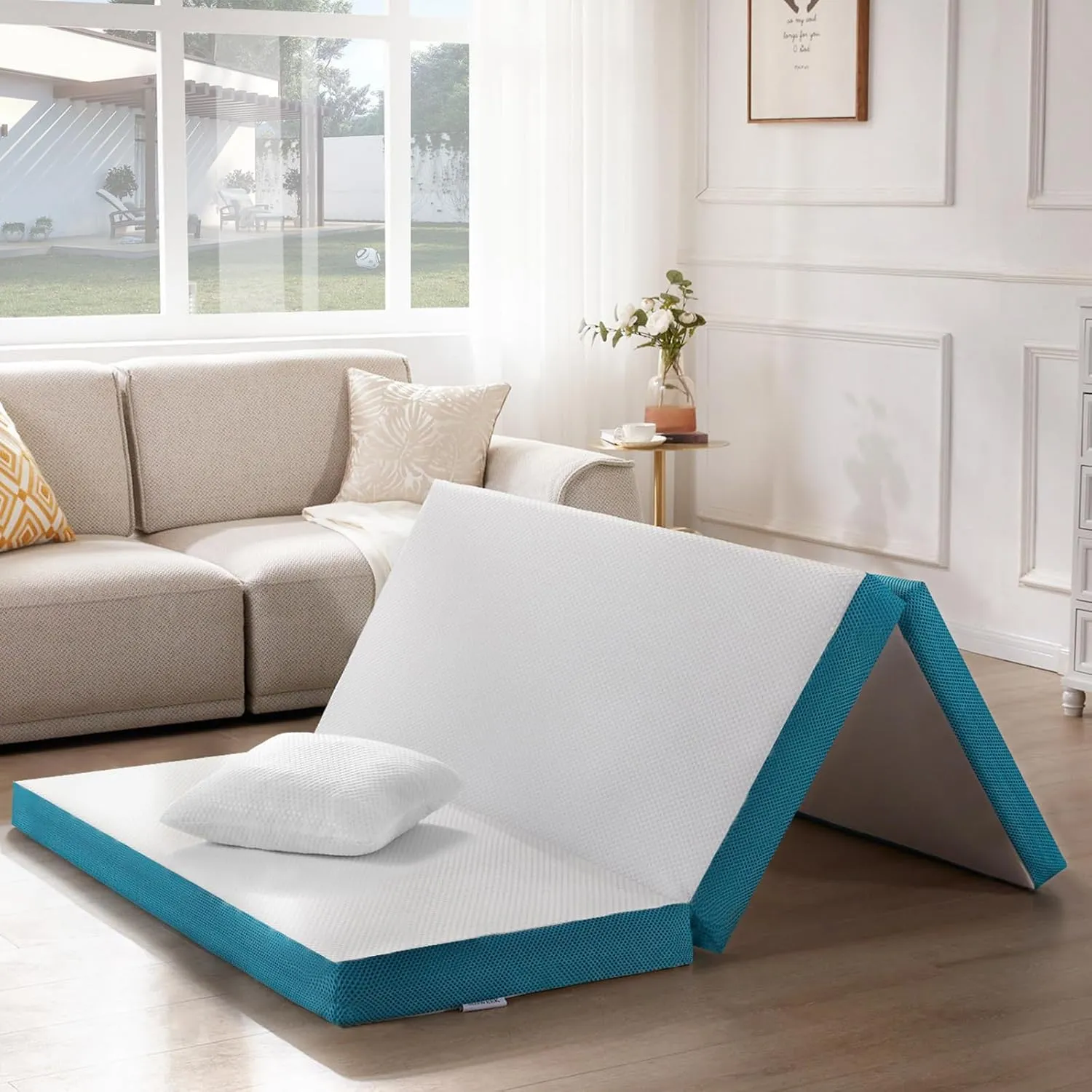 SINWEEK 4 Inch Folding Mattress Full Size with a Pillow Tri Folding Memory Foam Foldable Portable Floor Guest Bed for Camping and Sleeping with Storage Bag