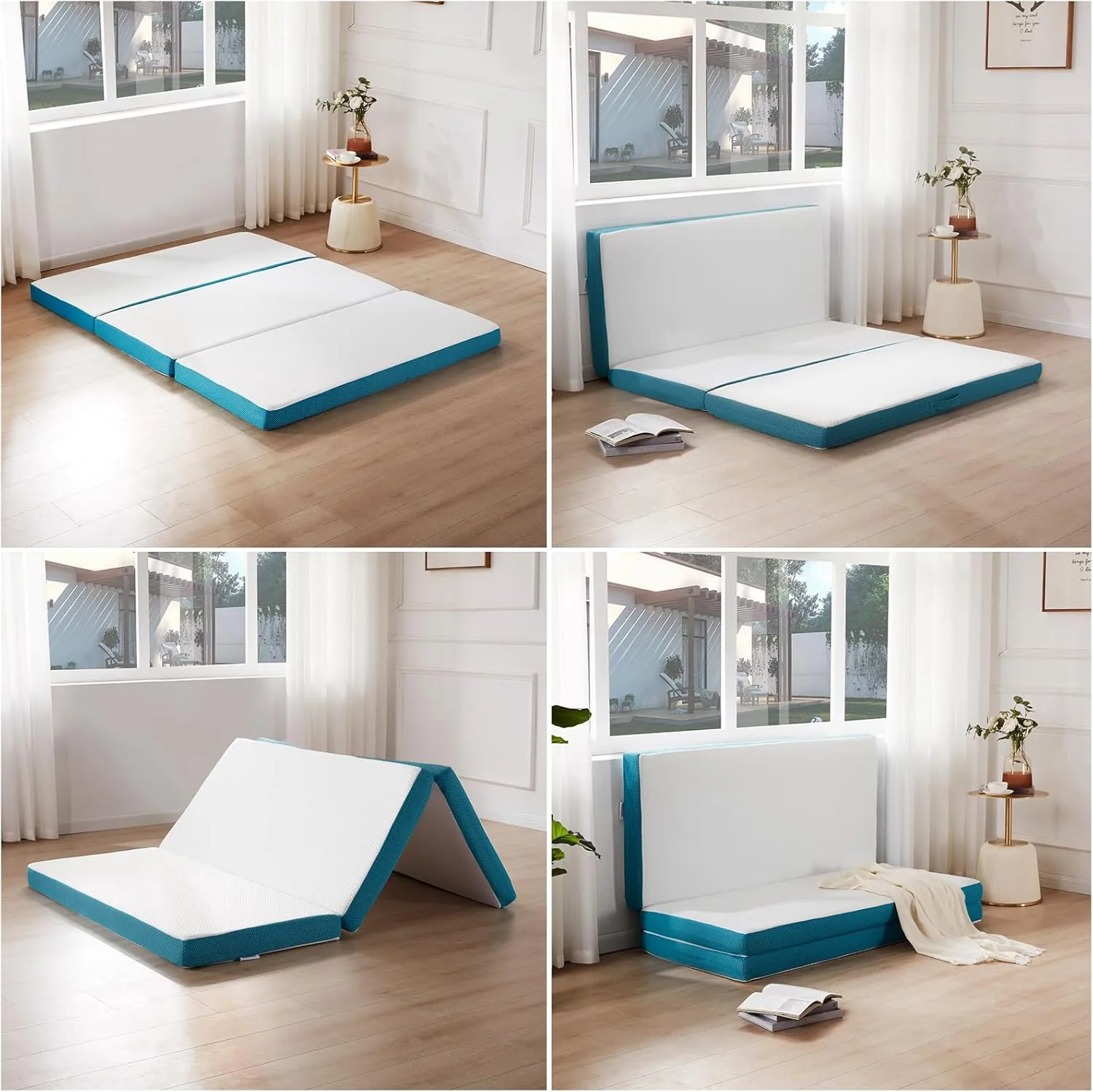 SINWEEK 4 Inch Folding Mattress Full Size with a Pillow Tri Folding Memory Foam Foldable Portable Floor Guest Bed for Camping and Sleeping with Storage Bag