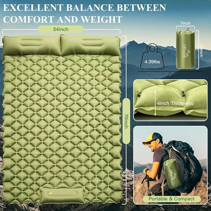SJEhome Double Sleeping Pad for Camping, Low Noise Self Inflating Camping Pad, Inflatable Camping Mattress with Pillows Built-in Pump, Portable Camping Mat for Tent Backpacking Hiking Traveling