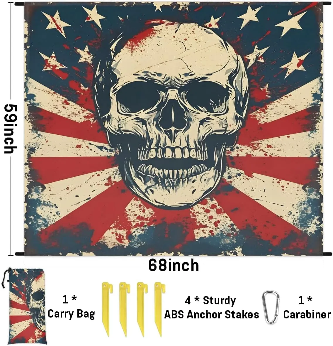 Skull Gothic Skeleton Beach Blanket, Sandproof Beach Mat, 68 x 59 Waterproof Quick Drying Sand Free Mat with 4 x Ground Spikes for Outdoor Travel Camping Hiking, Skull American Flag
