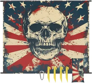 Skull Gothic Skeleton Beach Blanket, Sandproof Beach Mat, 68 x 59 Waterproof Quick Drying Sand Free Mat with 4 x Ground Spikes for Outdoor Travel Camping Hiking, Skull American Flag