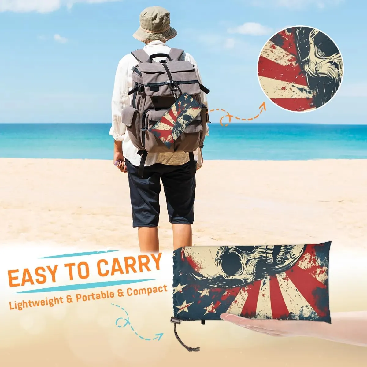 Skull Gothic Skeleton Beach Blanket, Sandproof Beach Mat, 68 x 59 Waterproof Quick Drying Sand Free Mat with 4 x Ground Spikes for Outdoor Travel Camping Hiking, Skull American Flag