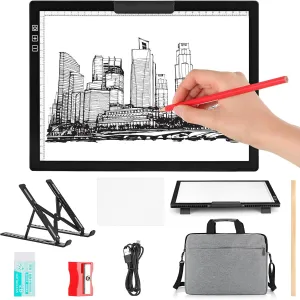 Skyygemm A4 Light Box for tracing with Carry Bag Tracing Light Board Rechargeable 6 Level Brightness LED pad with Foldable Stand, Pencil, Eraser, Sharpener, 20 Sheet Trace Paper for Sketching Drawing