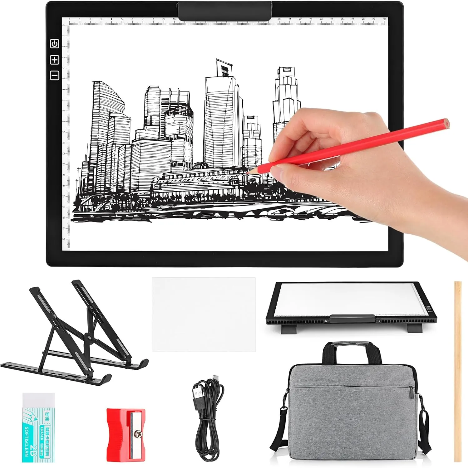 Skyygemm A4 Light Box for tracing with Carry Bag Tracing Light Board Rechargeable 6 Level Brightness LED pad with Foldable Stand, Pencil, Eraser, Sharpener, 20 Sheet Trace Paper for Sketching Drawing