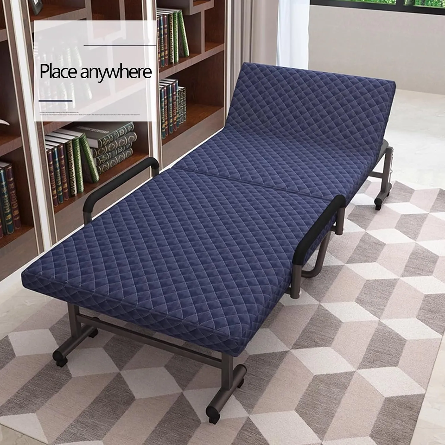 Sleeping Cots for Adults with Wheels 6-Position Backrest Adjustment, Foldable Bed with Mattress and Armrests Space Saving, max Loading of 661lbs(Blue)