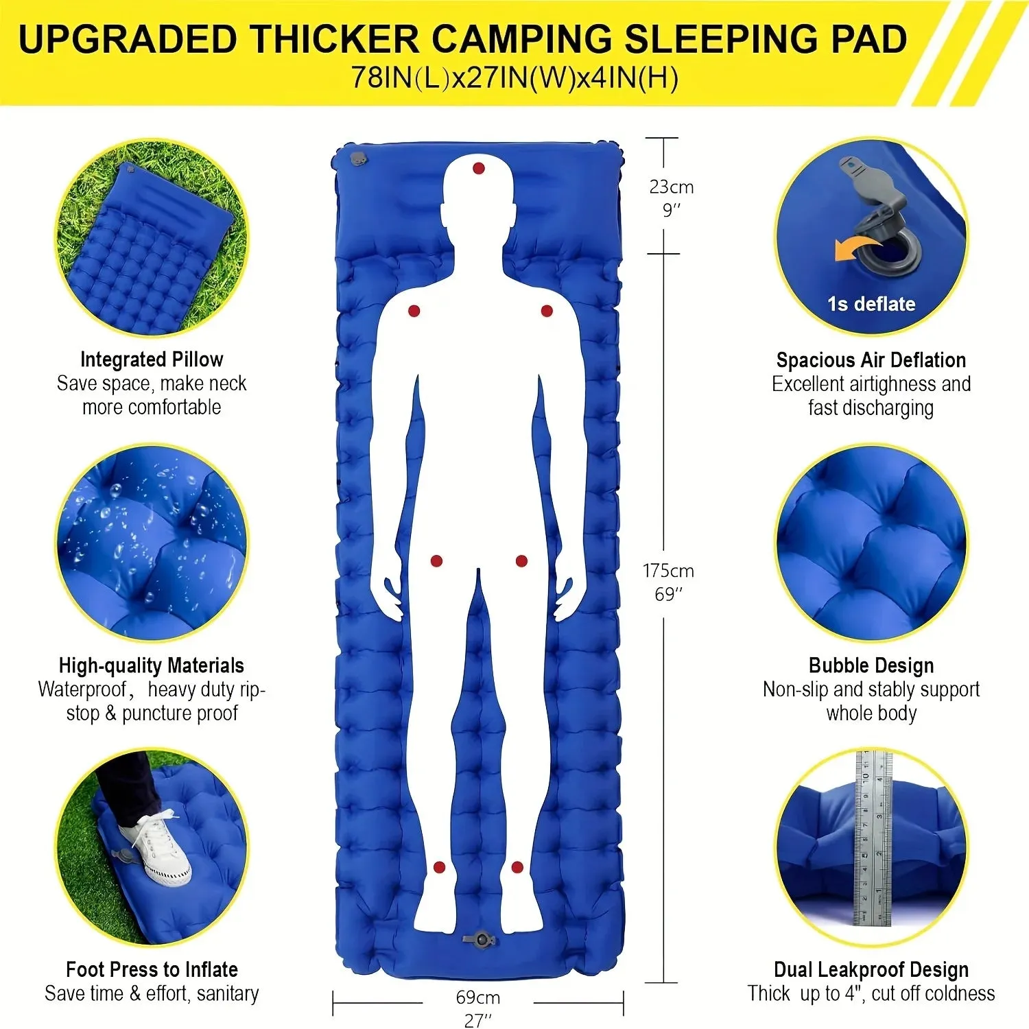 Sleeping Pad, Extra Thick 4inch Inflatable Camping Sleeping Pad, Built-in Presser Foot Pillow