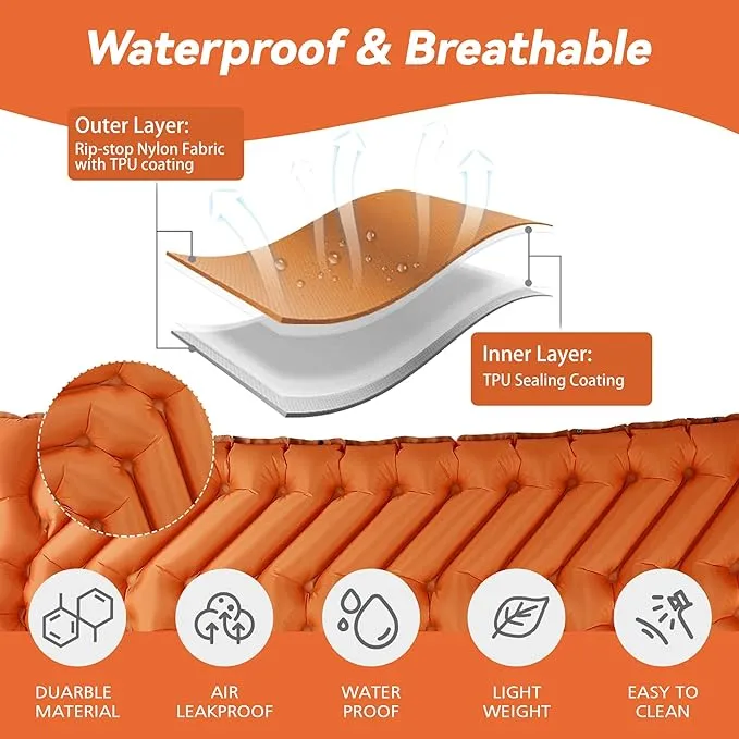 Sleeping Pad for Camping - Ultralight Camping Mattress with Pillow, Built-in Foot Pump, Compact Self-Inflatable Portable Camping Mat for Backpacking, Hiking, Car Traveling, Beach, Tent