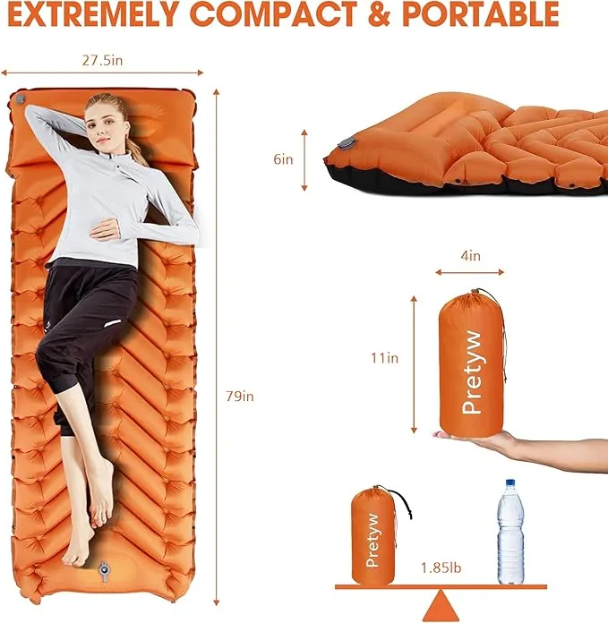 Sleeping Pad for Camping - Ultralight Camping Mattress with Pillow, Built-in Foot Pump, Compact Self-Inflatable Portable Camping Mat for Backpacking, Hiking, Car Traveling, Beach, Tent