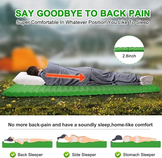 Sleeping Pad for Camping - Ultralight Inflatable Sleeping Mat for Camping Backpacking Hiking Tent Traveling - Portable Compact Lightweight Waterproof Air Mattress with Inflating Bag - Green