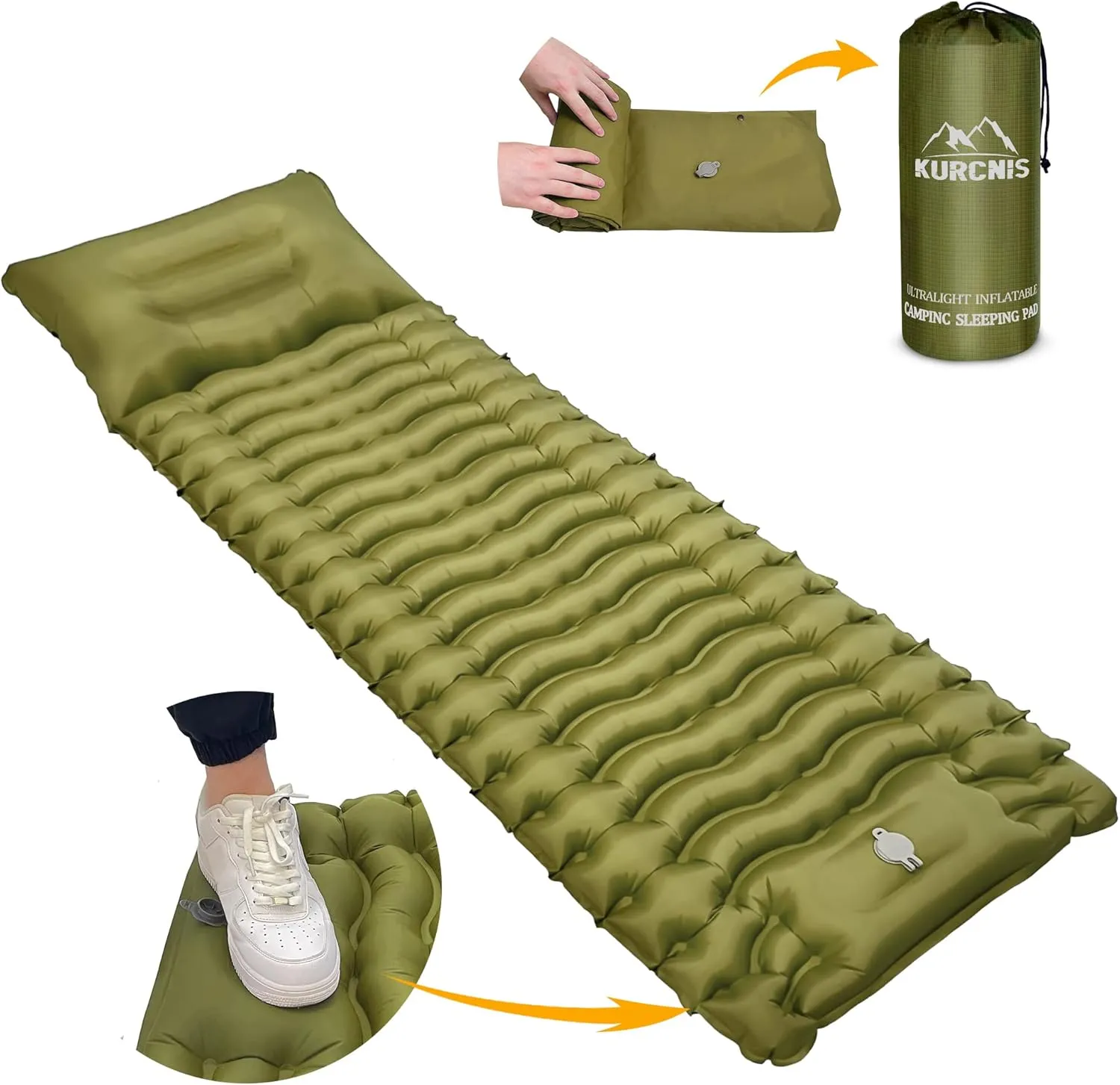 Sleeping Pad for Camping,Camping Air Mattress with Built in Pump,Compact Ultralight Durable Self Inflatable Sleeping Mat,Size：77'' X 26.5'' Thickness 3.8'',Green-Single