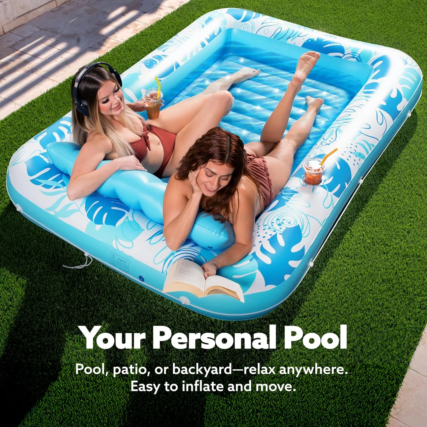 SLOOSH Inflatable Tanning Pool Lounger Float, 85" x 57" Extra Large Pool Floats Adult with Pillow, 4 in 1 Suntan Tub Raft Floatie,Sunbathing Bed Lounge for Water Blow Up Ball Pit Party Gifts, XL-Blue