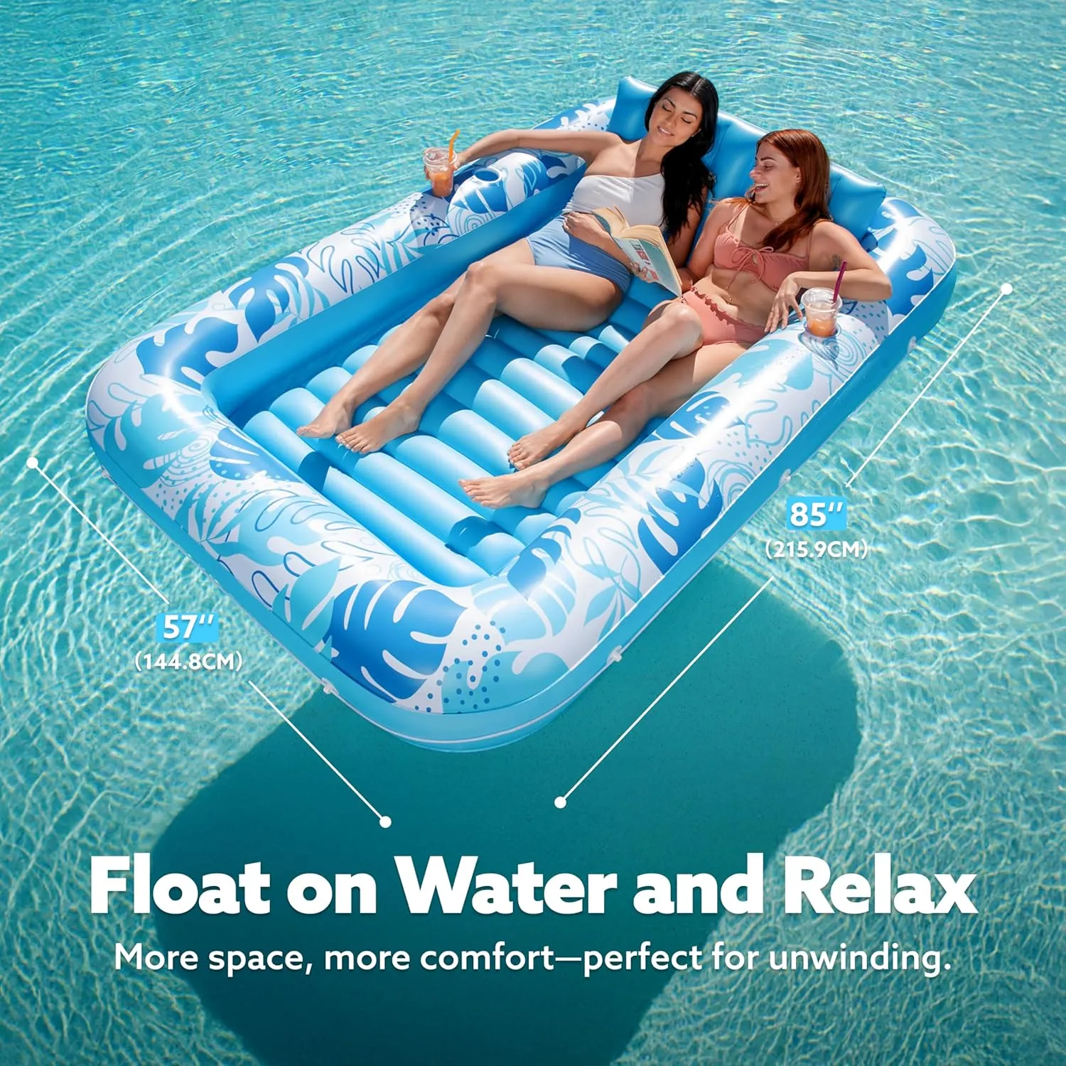 SLOOSH Inflatable Tanning Pool Lounger Float, 85" x 57" Extra Large Pool Floats Adult with Pillow, 4 in 1 Suntan Tub Raft Floatie,Sunbathing Bed Lounge for Water Blow Up Ball Pit Party Gifts, XL-Blue
