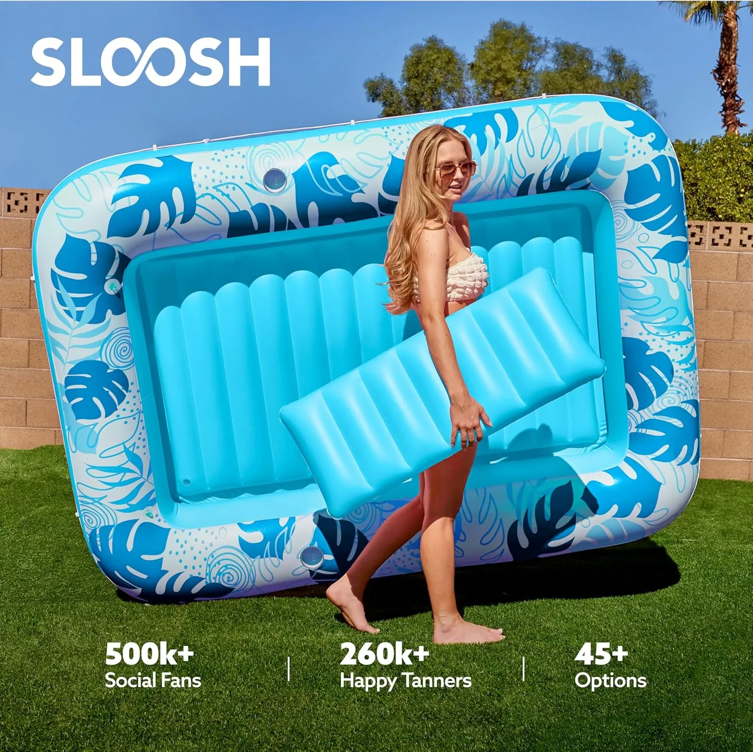 SLOOSH Inflatable Tanning Pool Lounger Float, 85" x 57" Extra Large Pool Floats Adult with Pillow, 4 in 1 Suntan Tub Raft Floatie,Sunbathing Bed Lounge for Water Blow Up Ball Pit Party Gifts, XL-Blue