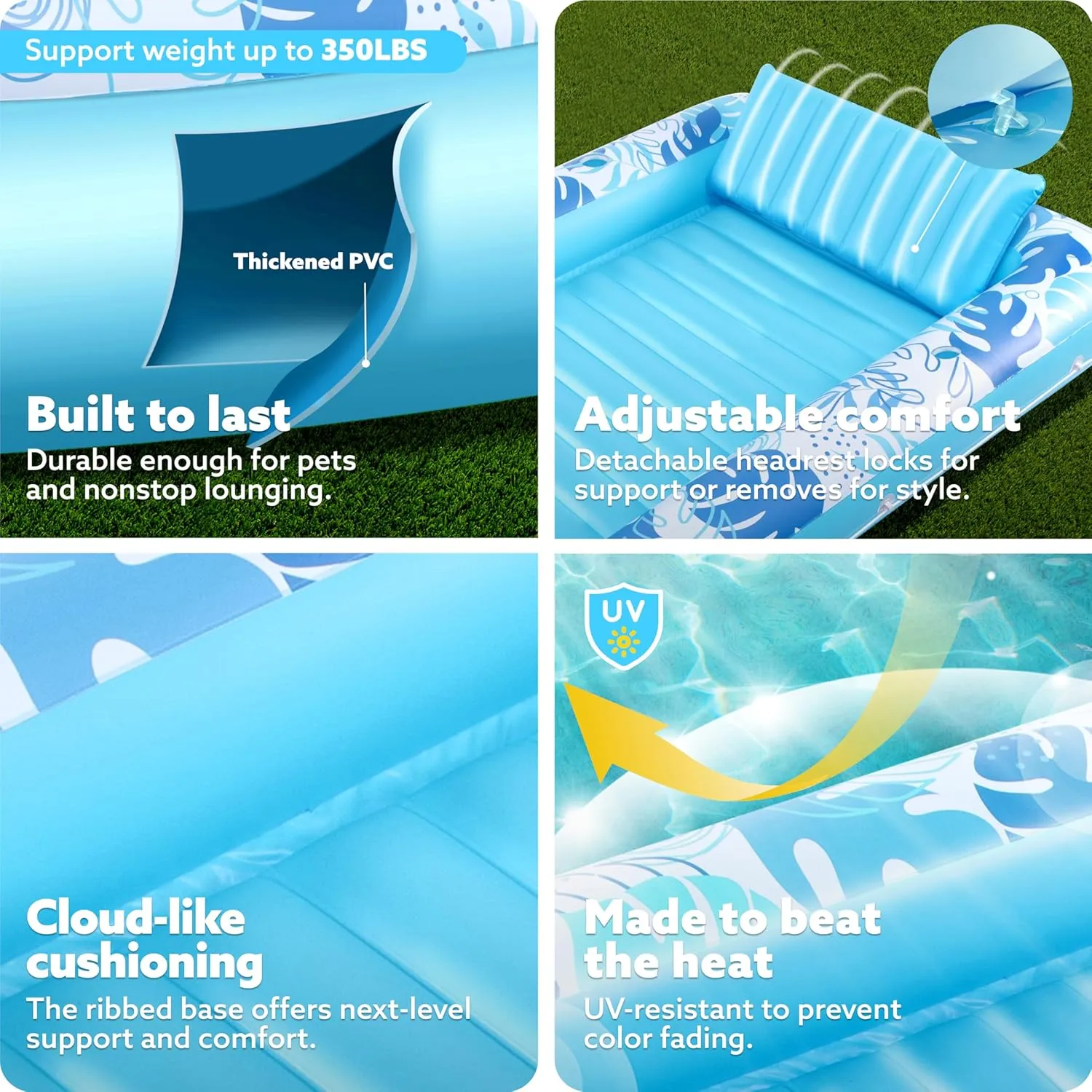 SLOOSH Inflatable Tanning Pool Lounger Float, 85" x 57" Extra Large Pool Floats Adult with Pillow, 4 in 1 Suntan Tub Raft Floatie,Sunbathing Bed Lounge for Water Blow Up Ball Pit Party Gifts, XL-Blue