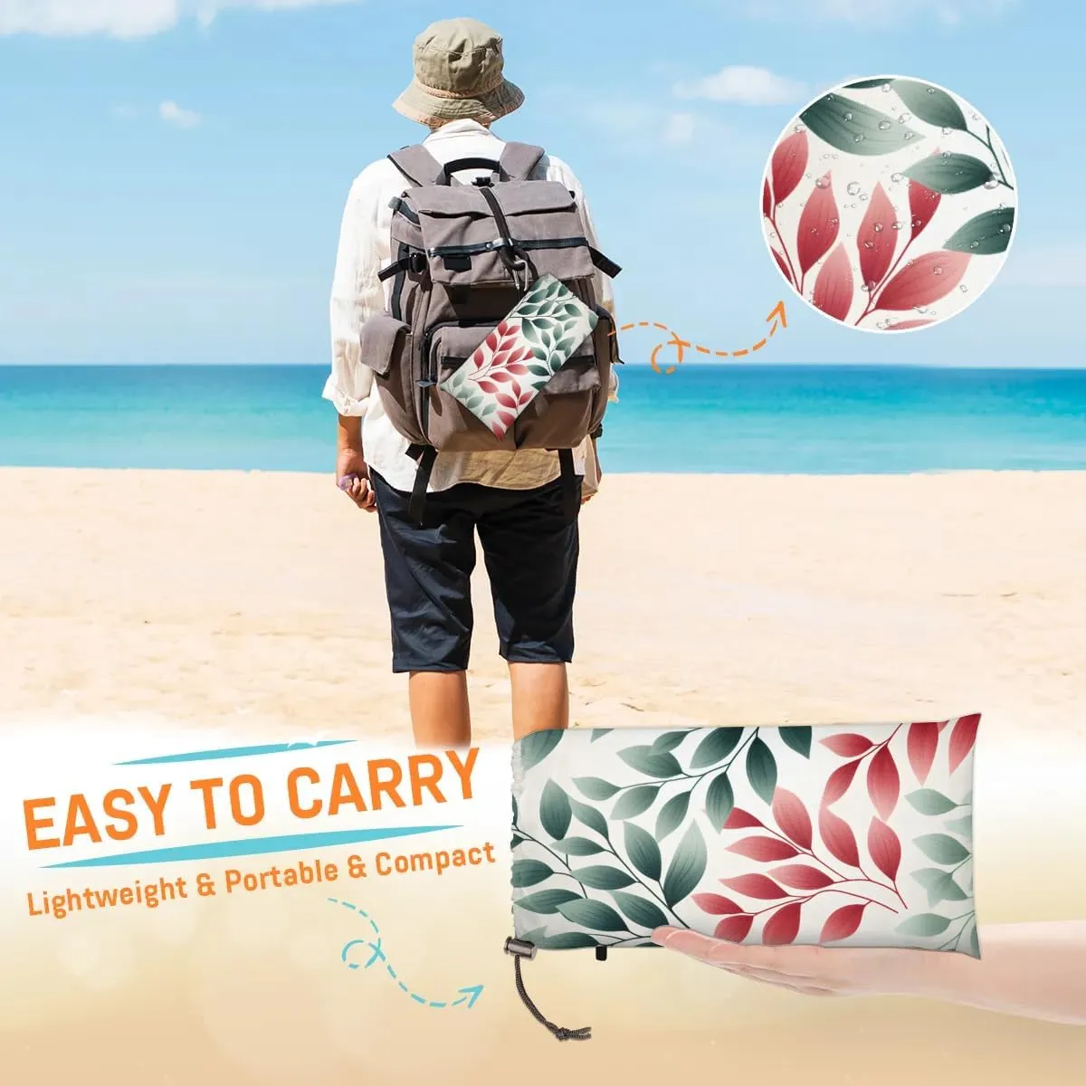 Small Leaves Beach Blanket, Sandproof Beach Mat, 68 x 59 Waterproof Quick Drying Sand Free Mat with 4 x Ground Spikes for Outdoor Travel Camping Hiking, Wild Leaves