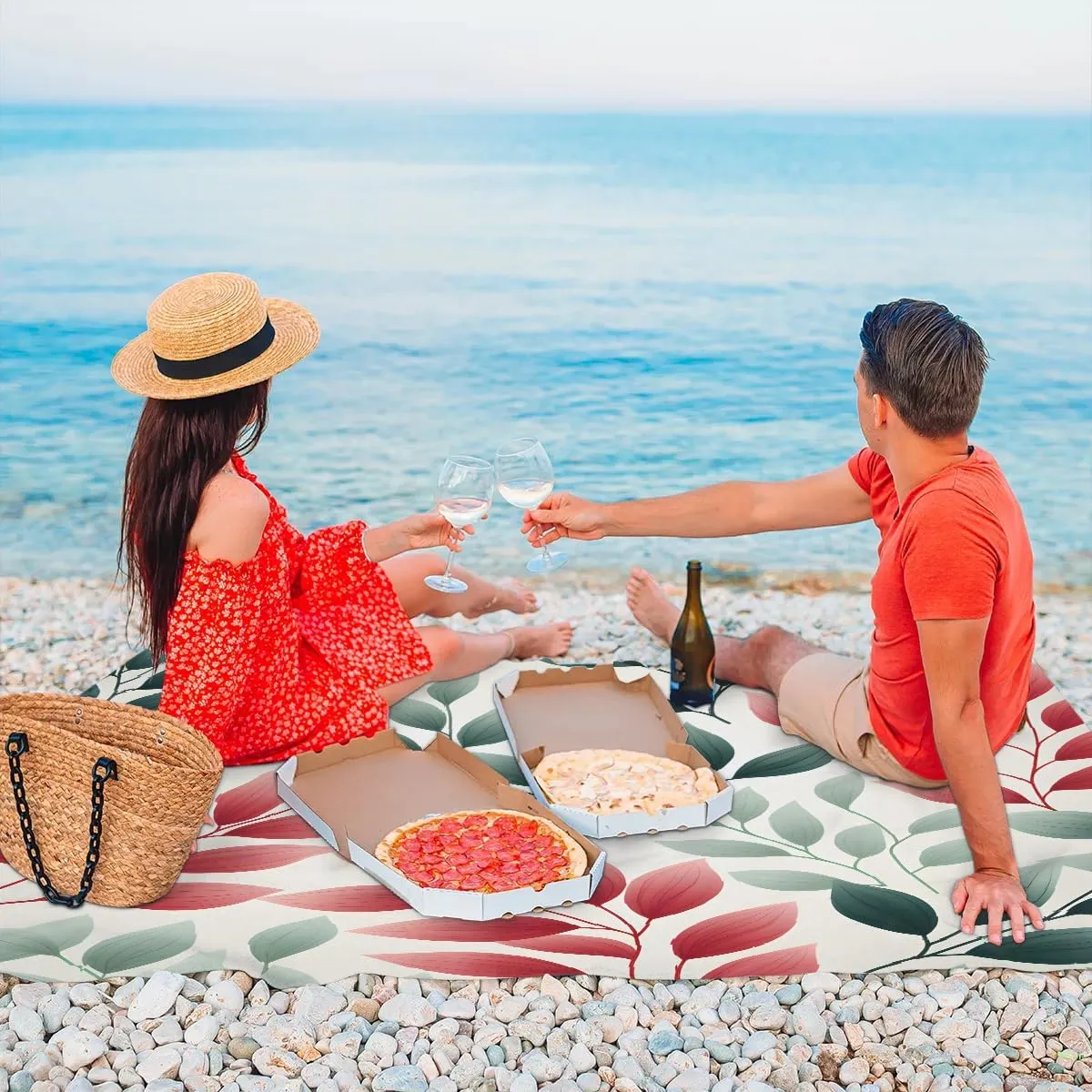 Small Leaves Beach Blanket, Sandproof Beach Mat, 68 x 59 Waterproof Quick Drying Sand Free Mat with 4 x Ground Spikes for Outdoor Travel Camping Hiking, Wild Leaves