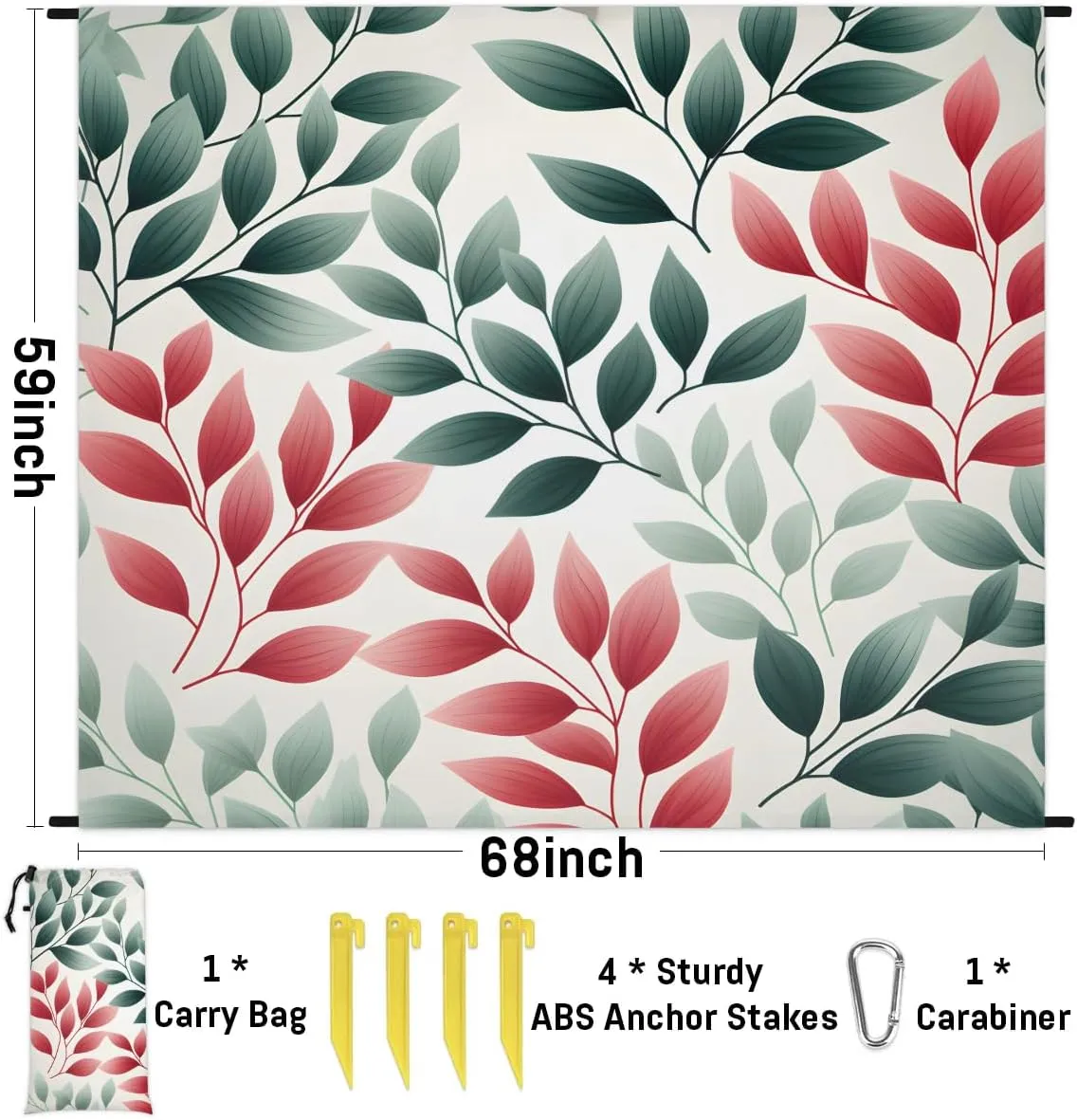 Small Leaves Beach Blanket, Sandproof Beach Mat, 68 x 59 Waterproof Quick Drying Sand Free Mat with 4 x Ground Spikes for Outdoor Travel Camping Hiking, Wild Leaves