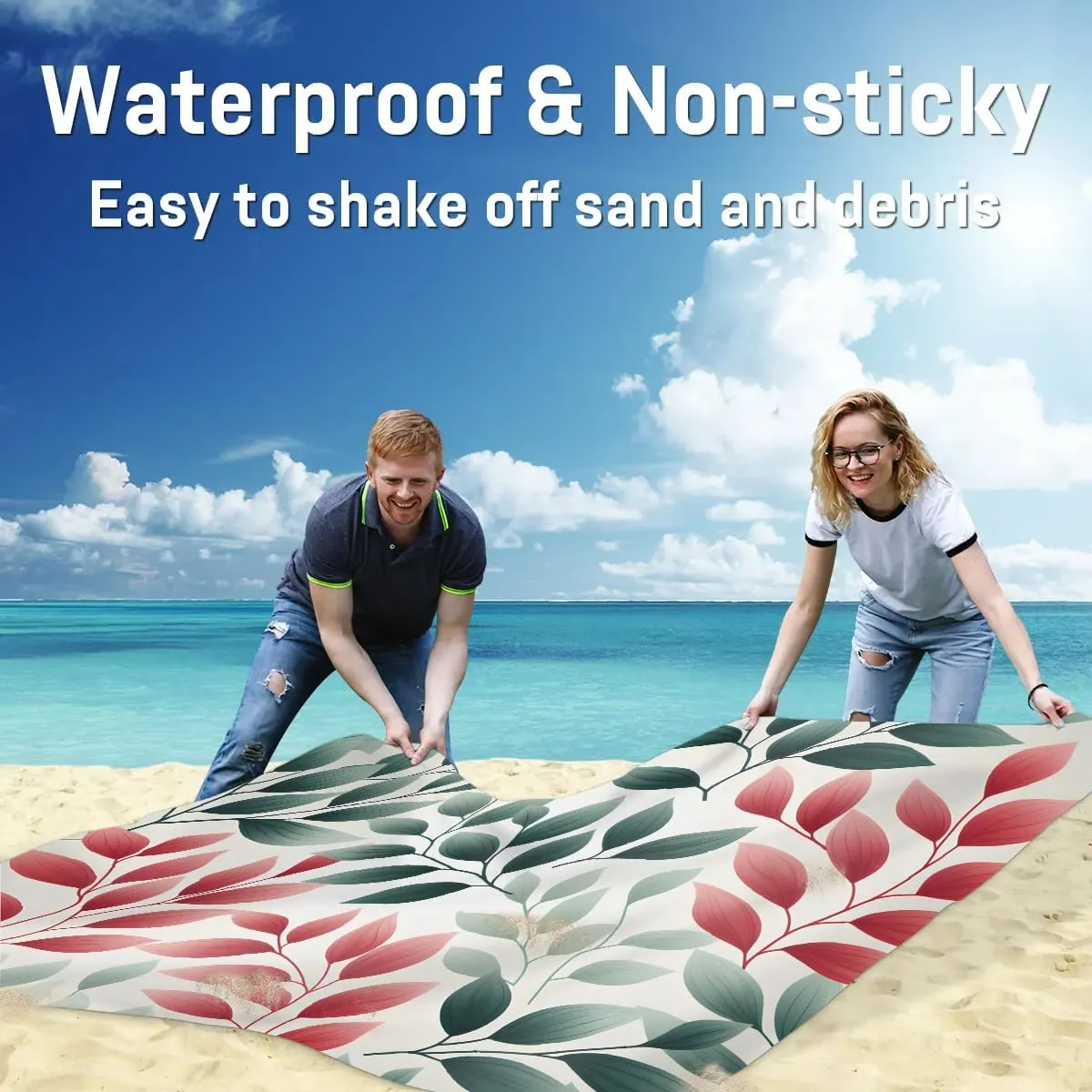 Small Leaves Beach Blanket, Sandproof Beach Mat, 68 x 59 Waterproof Quick Drying Sand Free Mat with 4 x Ground Spikes for Outdoor Travel Camping Hiking, Wild Leaves