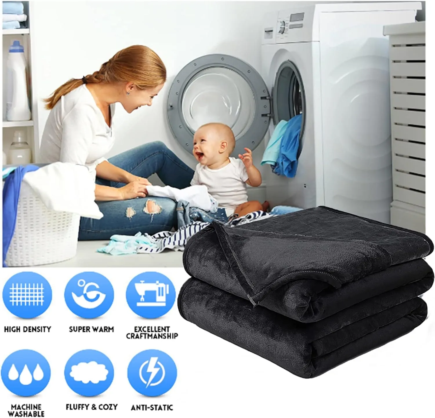 Soft Blanket Queen Size Warm Fuzzy Microplush Lightweight Thermal Fleece Blankets for Couch Bed Sofa,90x90 Inches,Black