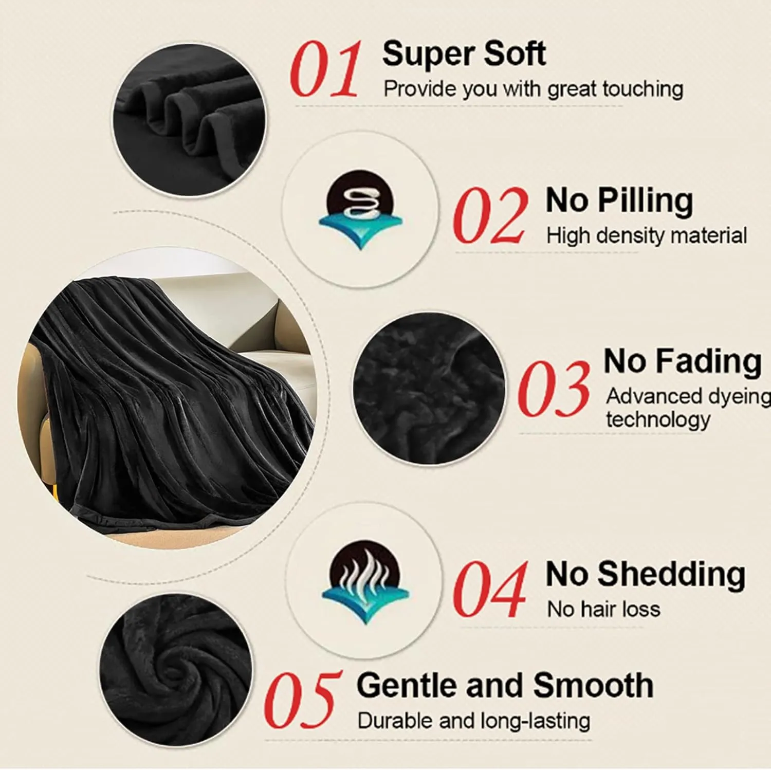 Soft Blanket Queen Size Warm Fuzzy Microplush Lightweight Thermal Fleece Blankets for Couch Bed Sofa,90x90 Inches,Black