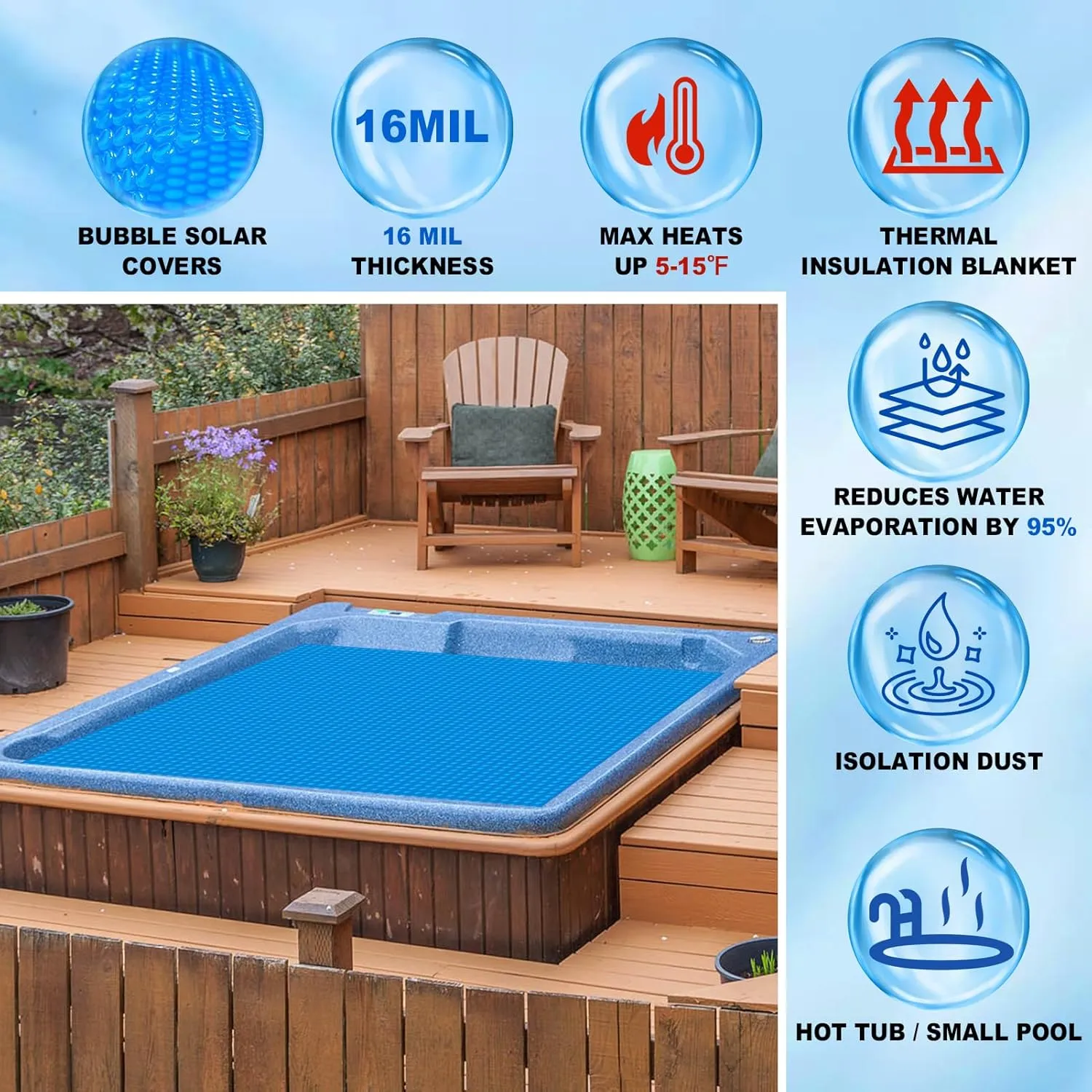 Solar Hot Tub Spa Bubble Covers Blanket 4.5 x 4.5 FT for Square Inflatable Hot Tub Spa Pool Thermal Insulation Floating Bubble Wrap Covers (136 x 136cm)