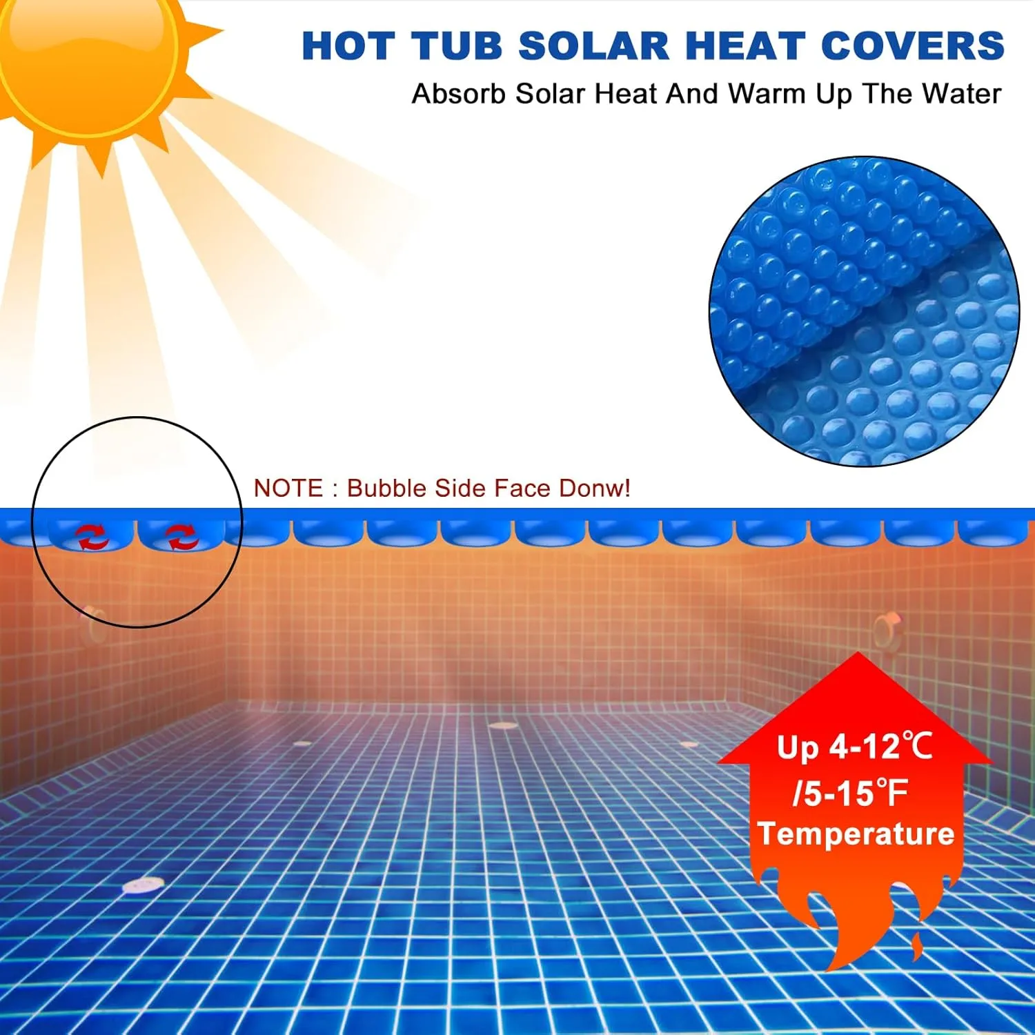 Solar Hot Tub Spa Bubble Covers Blanket 4.5 x 4.5 FT for Square Inflatable Hot Tub Spa Pool Thermal Insulation Floating Bubble Wrap Covers (136 x 136cm)