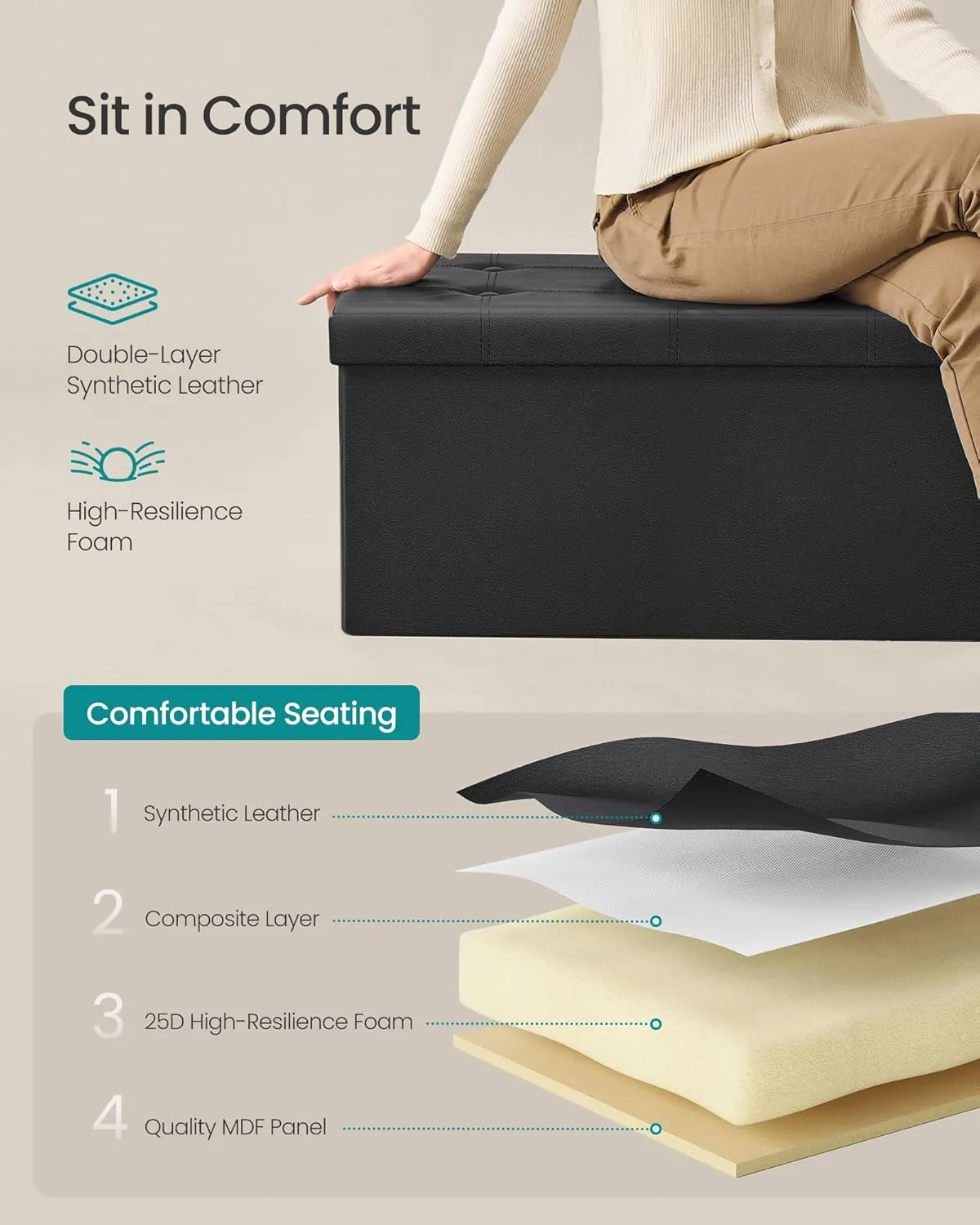 SONGMICS MAZIE Collection-30 Inches Folding Bench Ottoman with Storage, Foot Rest Stool, Load 660 lb, for Living Room, Synthetic Leather, Black ULSF105, 15" D x 30" W x 15" H