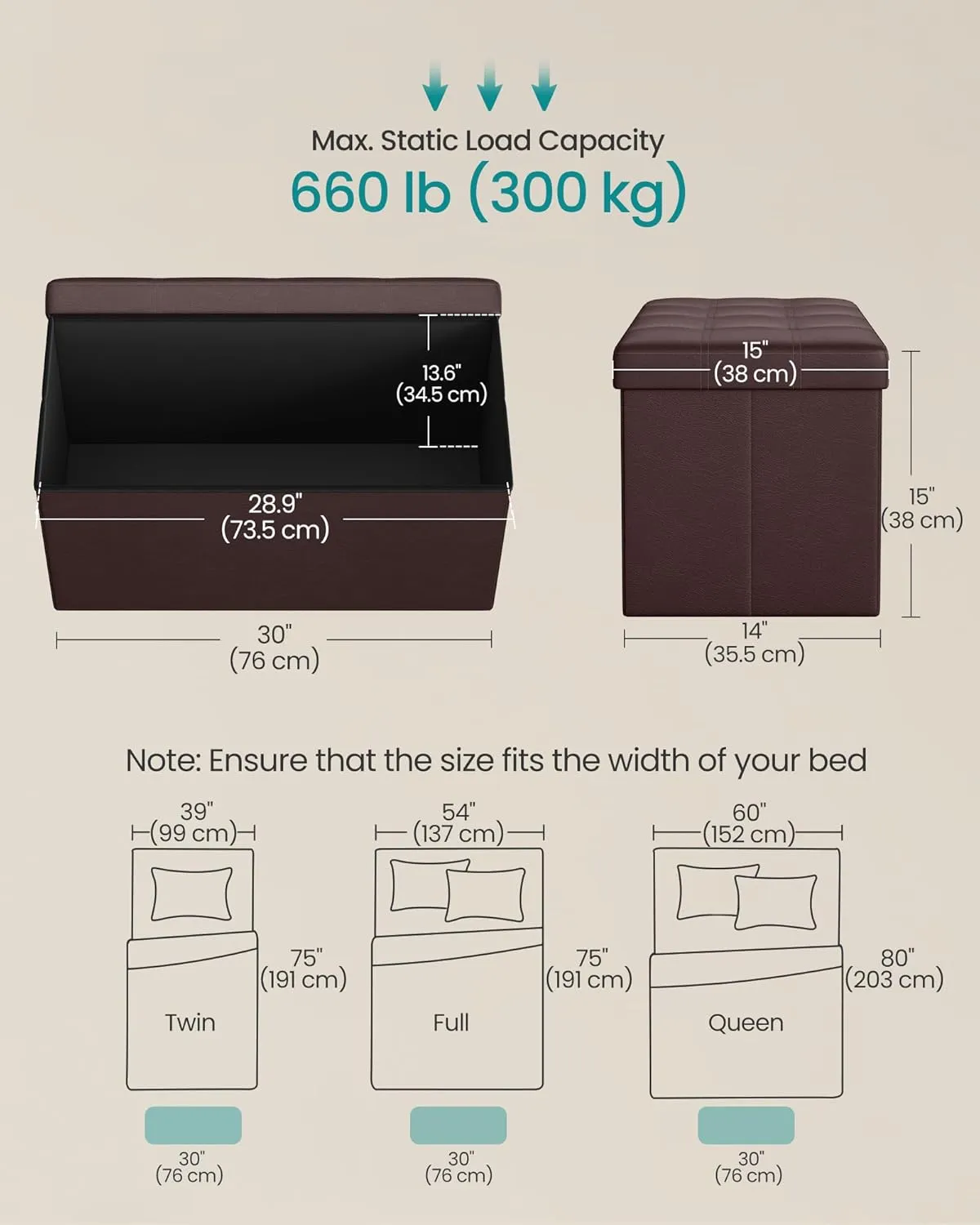 SONGMICS MAZIE Collection - 30 Inches Folding Storage Ottoman Bench, Ottoman with Storage, Foot Rest Stool, Load 660 lb, for Living Room, Synthetic Leather, Brown ULSF40Z