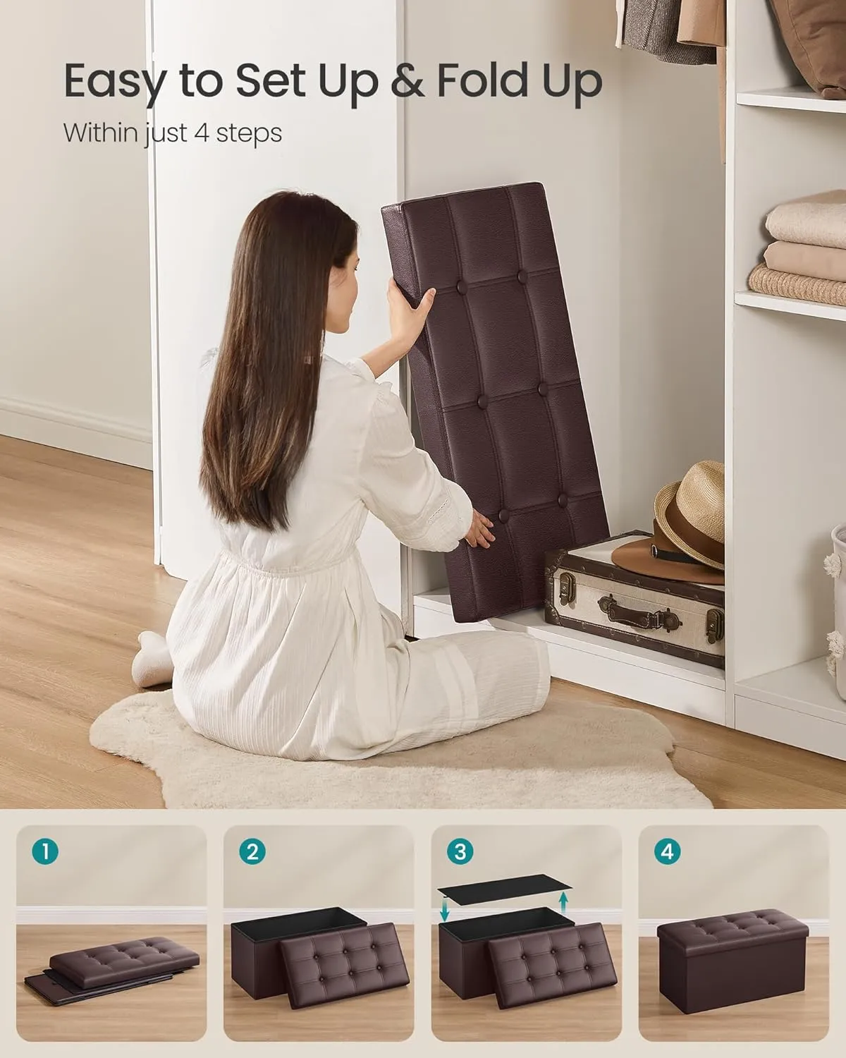 SONGMICS MAZIE Collection - 30 Inches Folding Storage Ottoman Bench, Ottoman with Storage, Foot Rest Stool, Load 660 lb, for Living Room, Synthetic Leather, Brown ULSF40Z