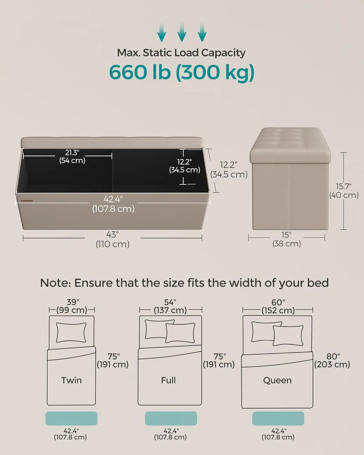 SONGMICS Mazie Collection - 43 Inches Folding Storage Ottoman Bench, Ottoman with Storage, Foot Rest Stool, Load 660 lb, for Living Room, Synthetic Leather, Camel Brown ULSF070K03