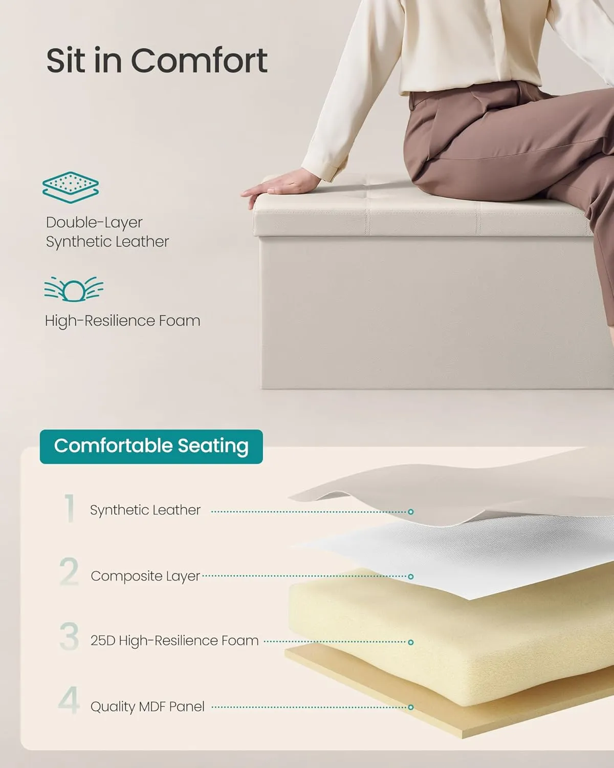 SONGMICS Puff Almacenaje, Banco de Almacenamiento, 38 x 110 x 38 cm, Soporta hasta 300 kg, para Sala de Estar, Dormitorio, Entrada, Beige MLSF70M