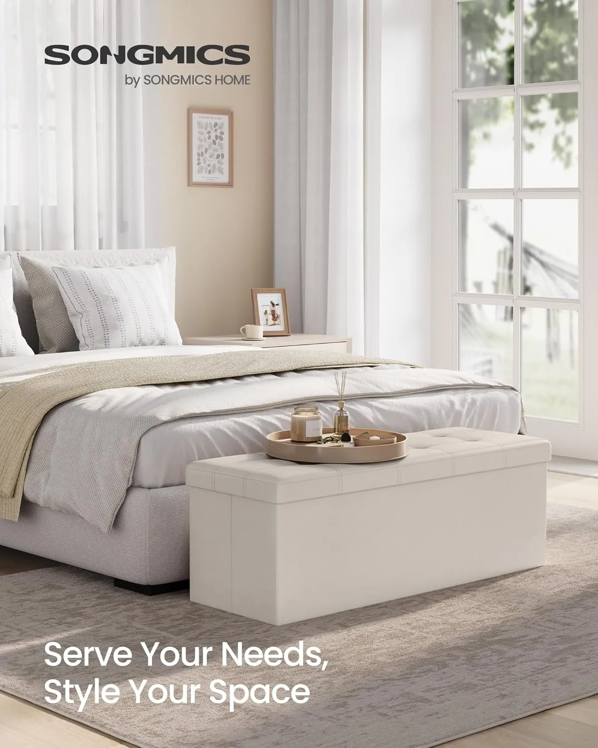 SONGMICS Puff Almacenaje, Banco de Almacenamiento, 38 x 110 x 38 cm, Soporta hasta 300 kg, para Sala de Estar, Dormitorio, Entrada, Beige MLSF70M