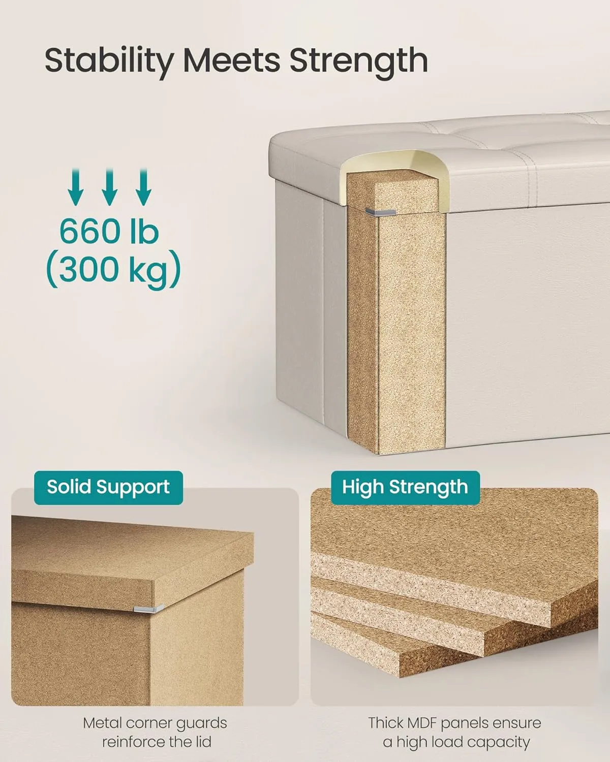 SONGMICS Puff Almacenaje, Banco de Almacenamiento, 38 x 110 x 38 cm, Soporta hasta 300 kg, para Sala de Estar, Dormitorio, Entrada, Beige MLSF70M
