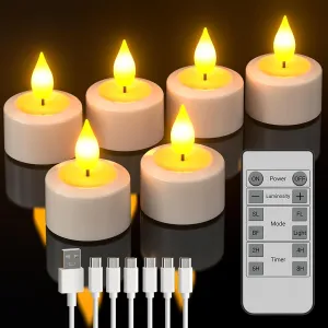 SoulBay Rechargeable Tea Lights with Remote, 6pcs LED Electric Flameless Flickering Candles with Timer & USB Cable for Home Lantern Table Party Bedroom Holiday Decorations, No Battery Needed