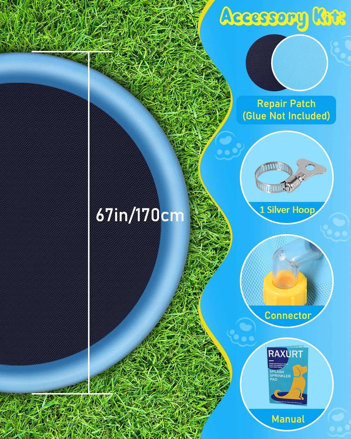 Splash Pad, 67in Anti-Slip Splash Pad for Kids Dogs 0.58mm Thickened Dog Pool Splash Sprinkler Pad Durable Summer Outdoor Water Toys for Baby Toddler Boys Girls Pet