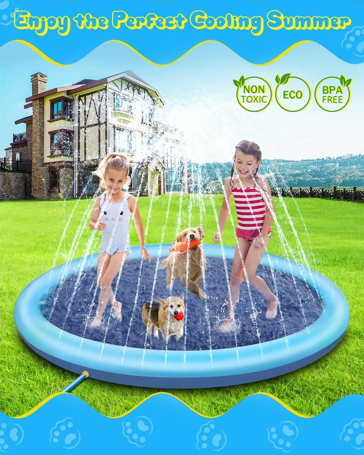 Splash Pad, 67in Anti-Slip Splash Pad for Kids Dogs 0.58mm Thickened Dog Pool Splash Sprinkler Pad Durable Summer Outdoor Water Toys for Baby Toddler Boys Girls Pet