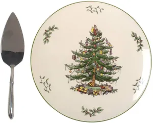 Spode Christmas Tree (Green Trim) Cake Plate & Solid Stainless Server w/Box