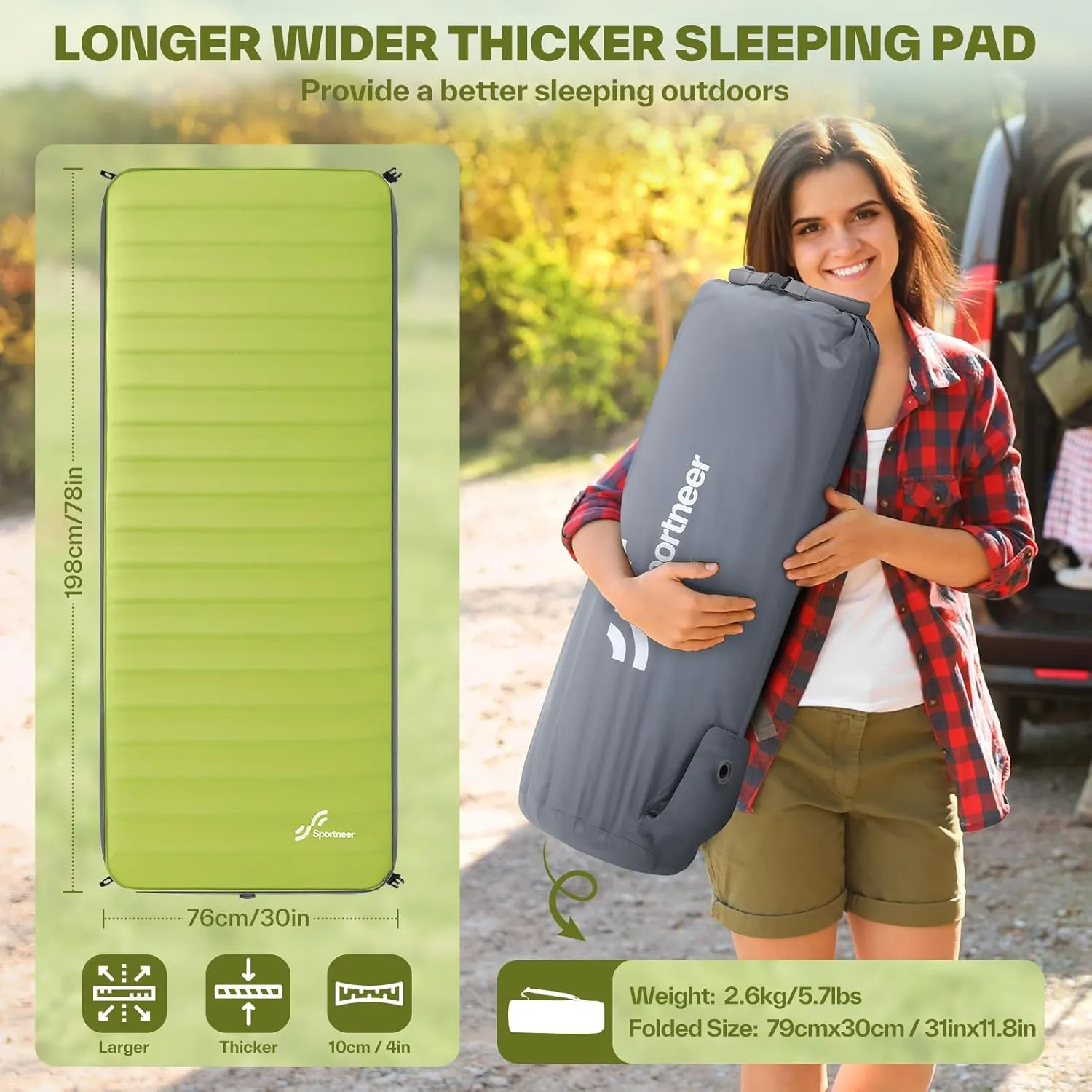 Sportneer Self Inflating Sleeping Pad, 4" Ultra-Thick Elasticity Foam Sleeping Mats for Camping, 4-Season Insulated Durable Camping Mat Air Mattress for Car Travel Tent Home, 78" x 30"